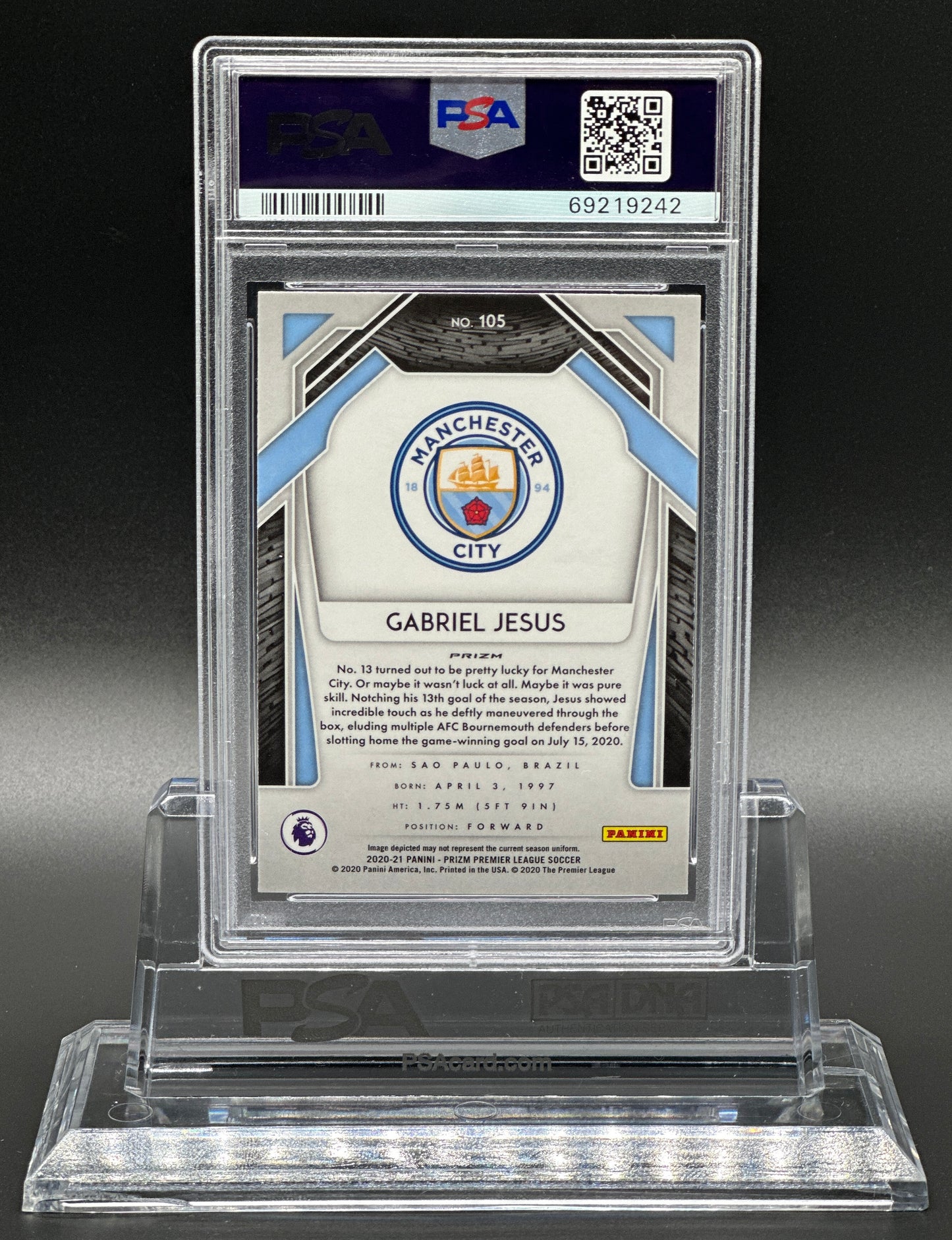Panini Prizm EPL 2020-21 Gabriel Jesus Blue/Yellow/Green SSP PSA 10 POP 1 of 1