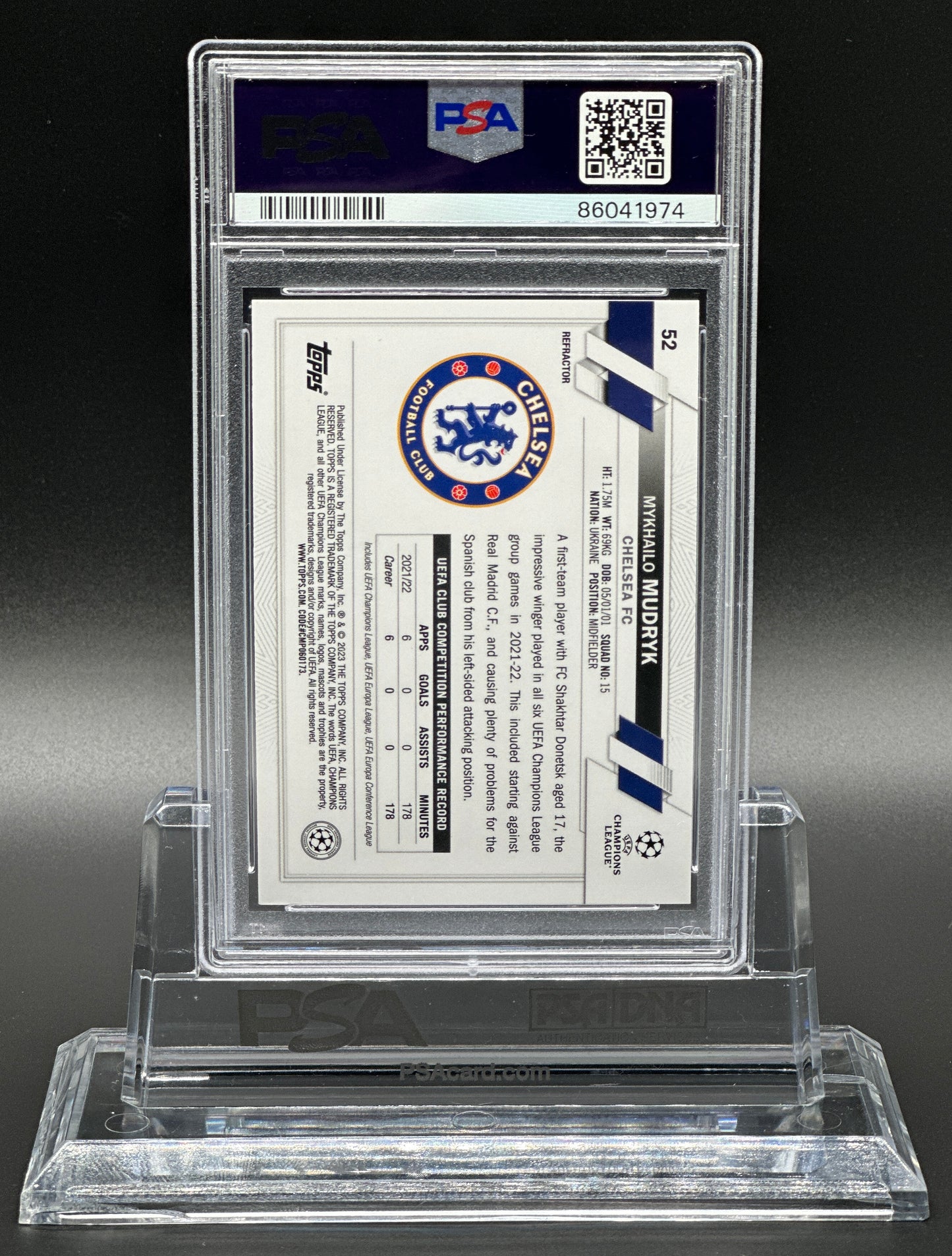 Topps Chrome UCC 2022-23 Mykhailo Mudryk Rookie Refractor PSA 10 Gem Mint