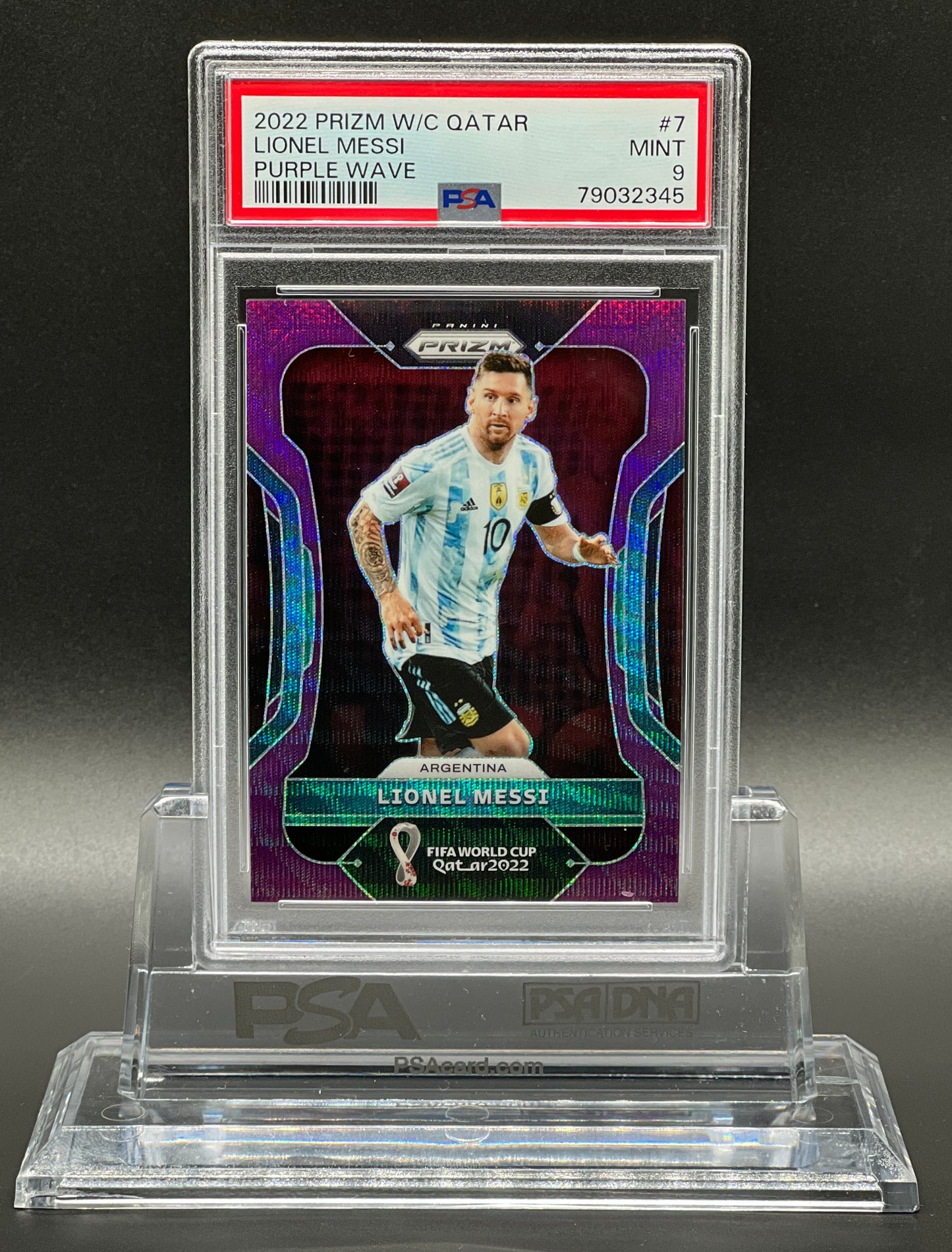 Panini Prizm World Cup 2022 Lionel Messi /99 Purple Wave PSA 9 Mint