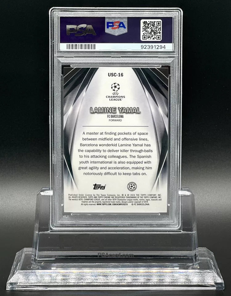 2023-24 Topps Chrome UEFA Lamine Yamal /25 Ultimate Stage Orange Refractor PSA 10 Gem Mint
