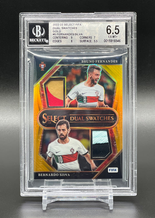 Panini Select FIFA 2022-23 Bruno Fernandes Bernardo Silva Dual Patch /10 Gold Prizm BGS 6.5 Excellent - Mint+