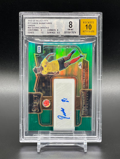 Panini Select FIFA 2022-23 Duvan Zapata Auto /2 Green Prizm Pitchside BGS 8 NM-MT Auto 10