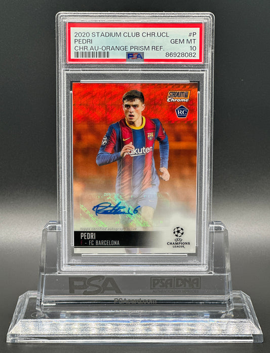 Topps Stadium Club Chrome UCL 2020-21 Pedri Rookie Auto 08/25 Orange Refractor Jersey Numbered PSA 10 Gem Mint