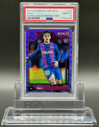 Topps Merlin Chrome UCL 2021-22 Gavi Rookie /15 Purple Wave PSA 10 Gem Mint