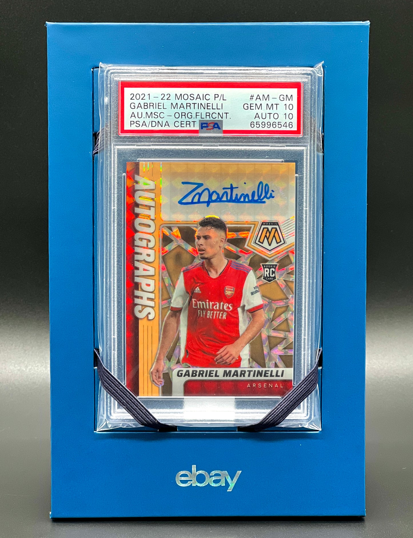 Panini Mosaic Premier League 2021-22 Gabriel Martinelli Rookie Auto /25 Orange Fluorescent PSA 10 Gem Mint Auto 10