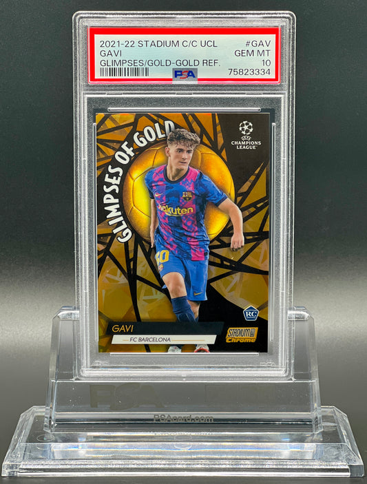 Topps Stadium Club Chrome UCL 2021-22 Gavi Rookie /50 Gold Refractor Glimpses of Gold PSA 10 Gem Mint