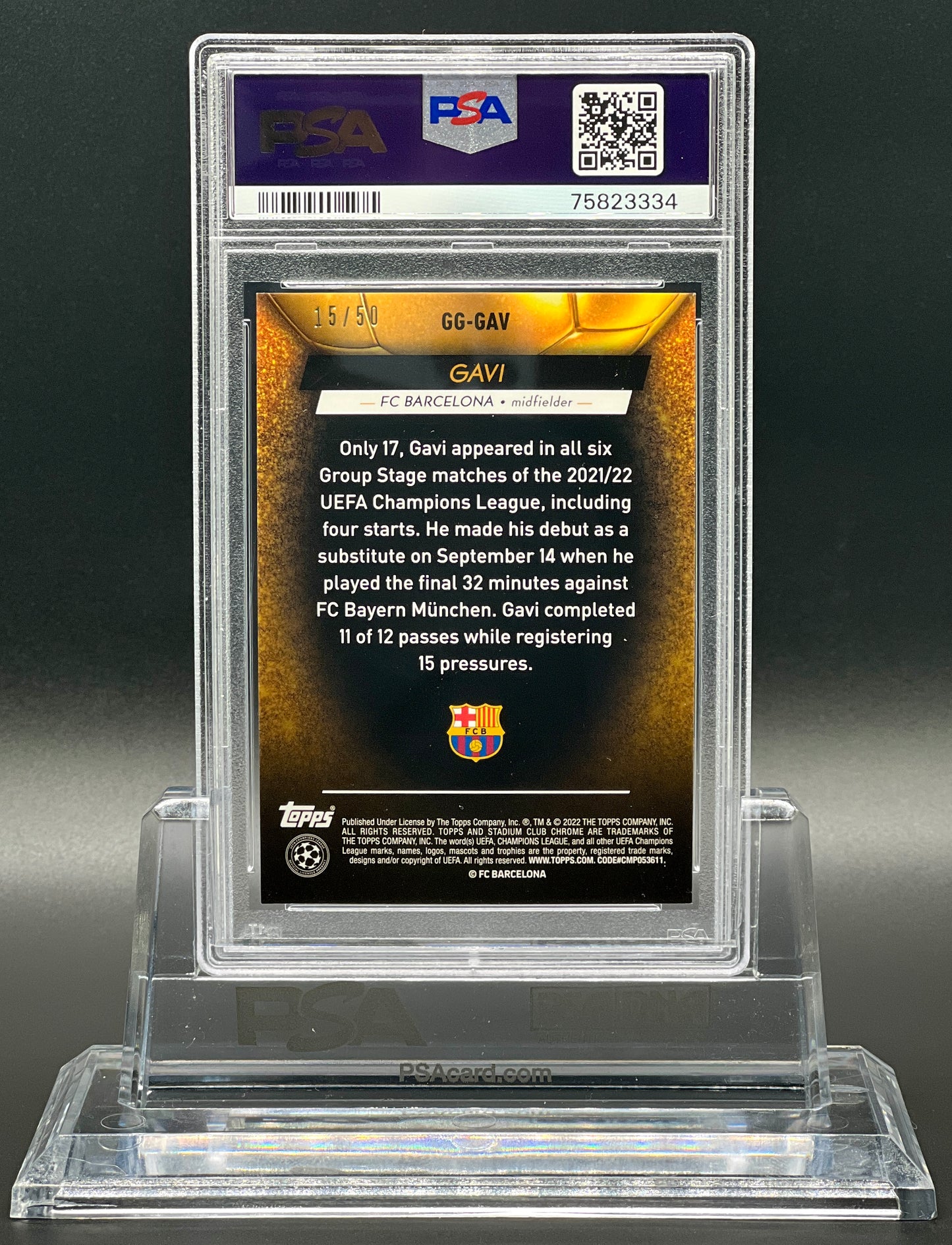 Topps Stadium Club Chrome UCL 2021-22 Gavi Rookie /50 Gold Refractor Glimpses of Gold PSA 10 Gem Mint